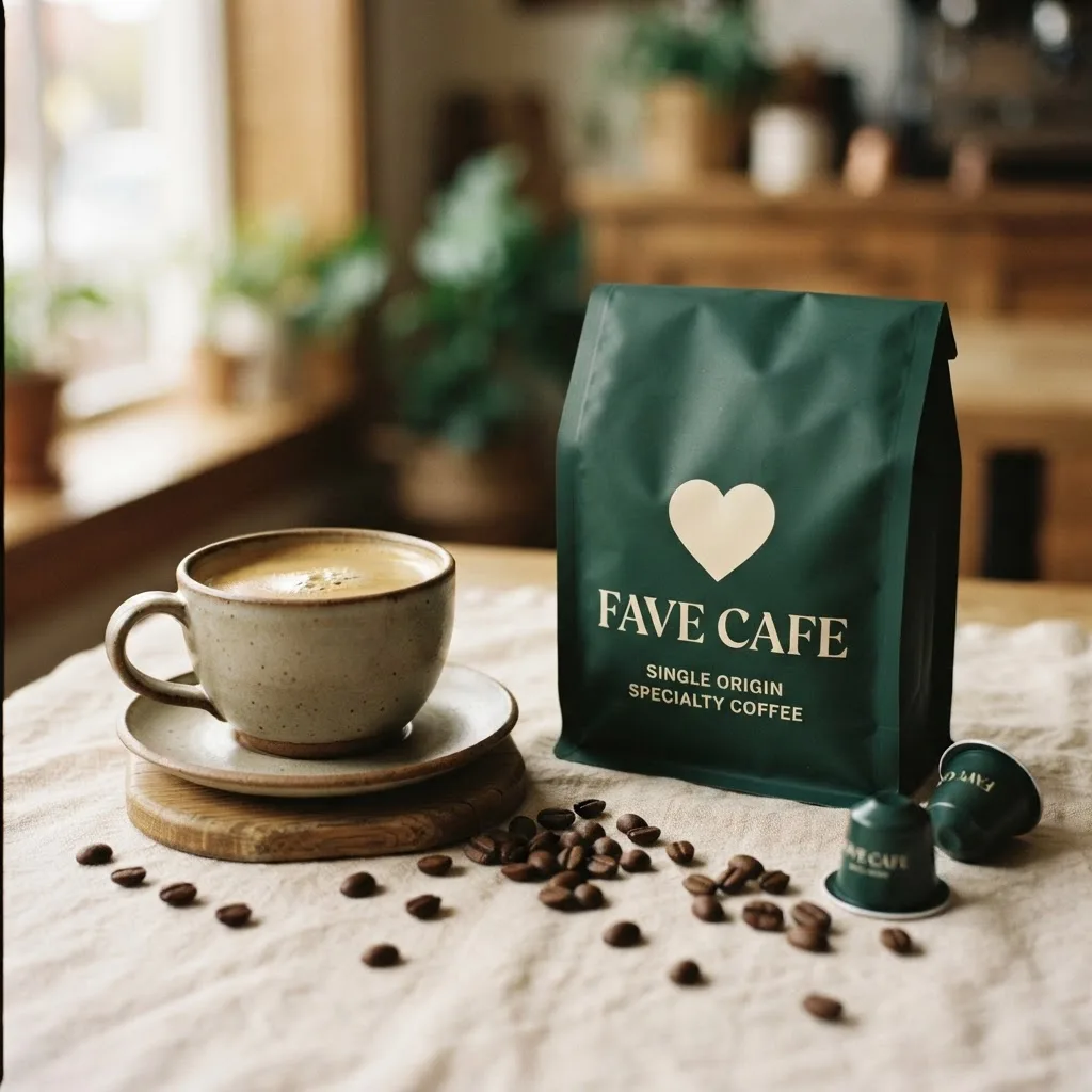 A freshly poured cup of coffee with whole beans, a coffee bag, and pods from Fave Cafe