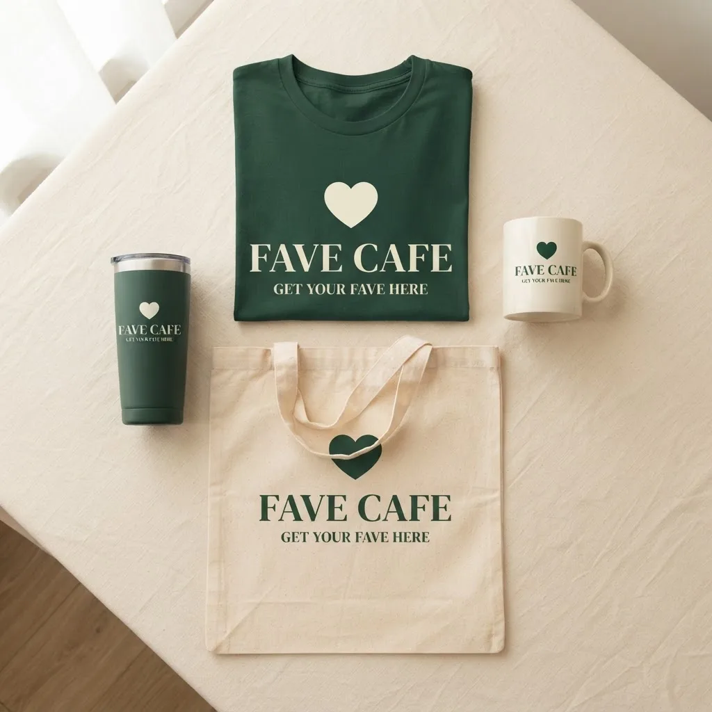 A preview of Fave Cafe branded merchandise including apparel, a mug, and a tote bag